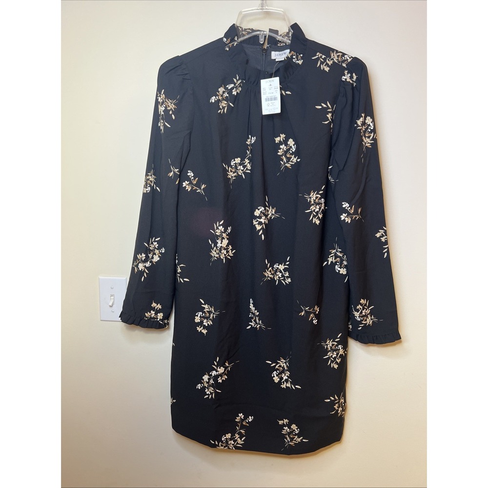 J.Crew Women's Size 4 Floral Ruffleneck Shift Dress Black NWT $118 BK248